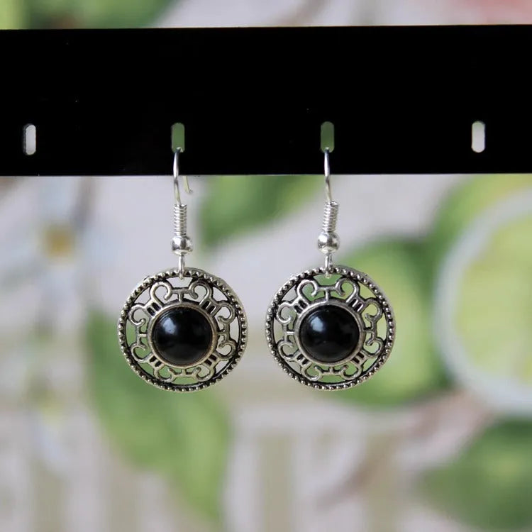 Miao silver retro turquoise flower disk earrings with geometric ethnic design in red, blue, or black colours