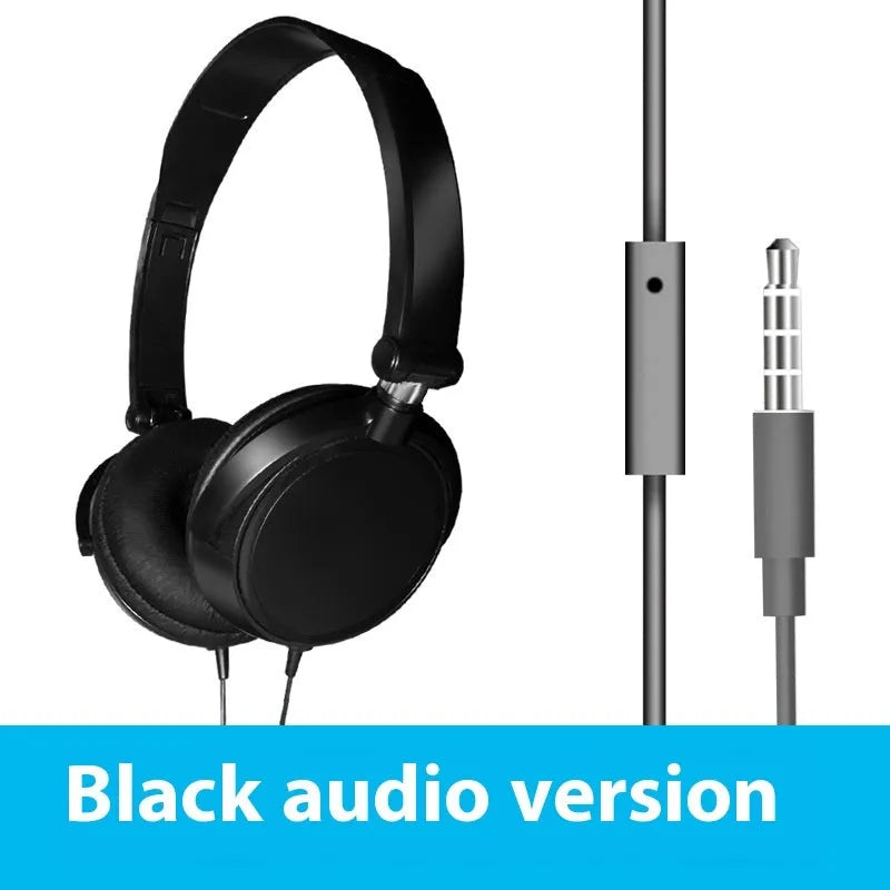 Black folding wired over-ear headphones with adjustable headband and 3.5mm plug.
