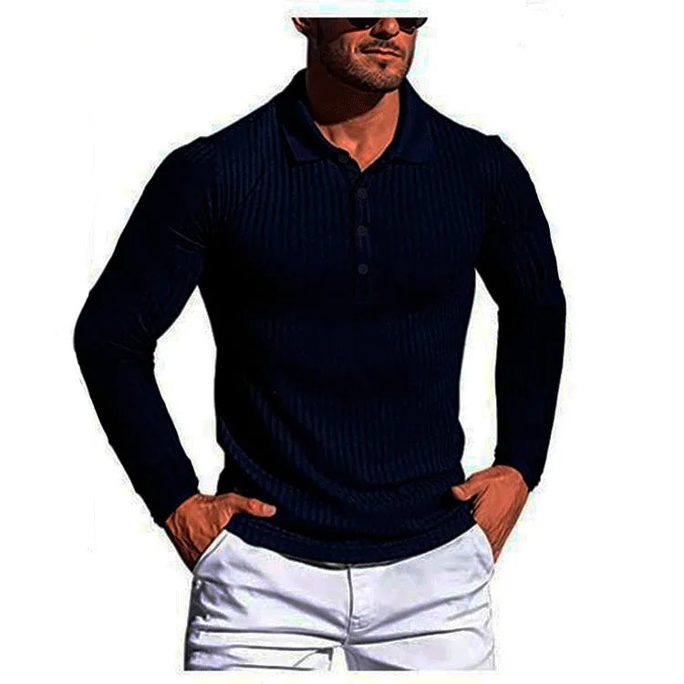 Man wearing a striped loose-fit short sleeve shirt in a high elastic knit fabric, showing the stretch and casual style.