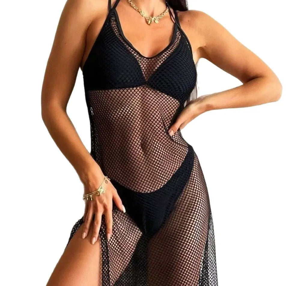 Black mesh see-through halter bikini set for women with briefs bottom
