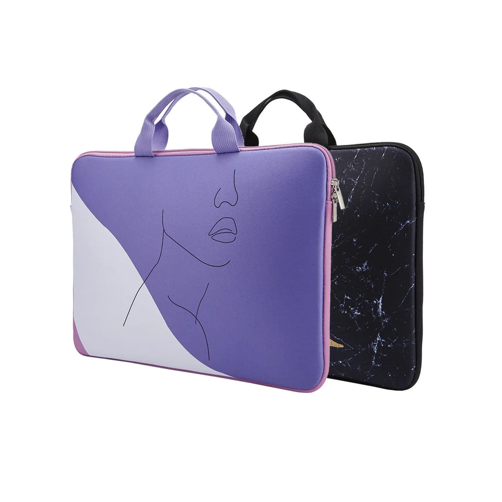 Purple anti-cut polyester laptop sleeve with character print for 13 to 17 inch notebooks