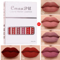 Box containing six tubes of matte finish, waterproof lip gloss in assorted styles.