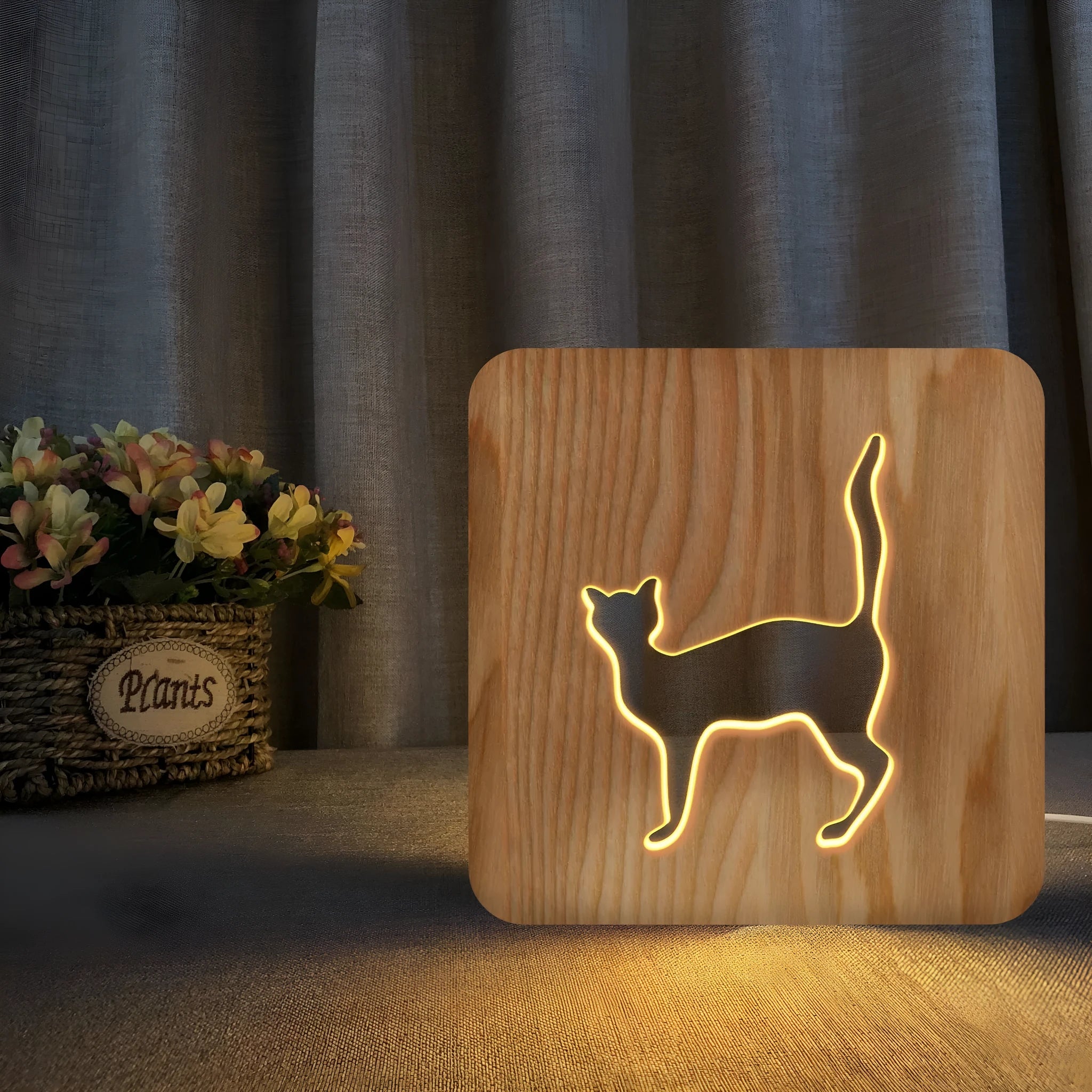 Solid wood hollow 3D cat silhouette night light with USB power cable