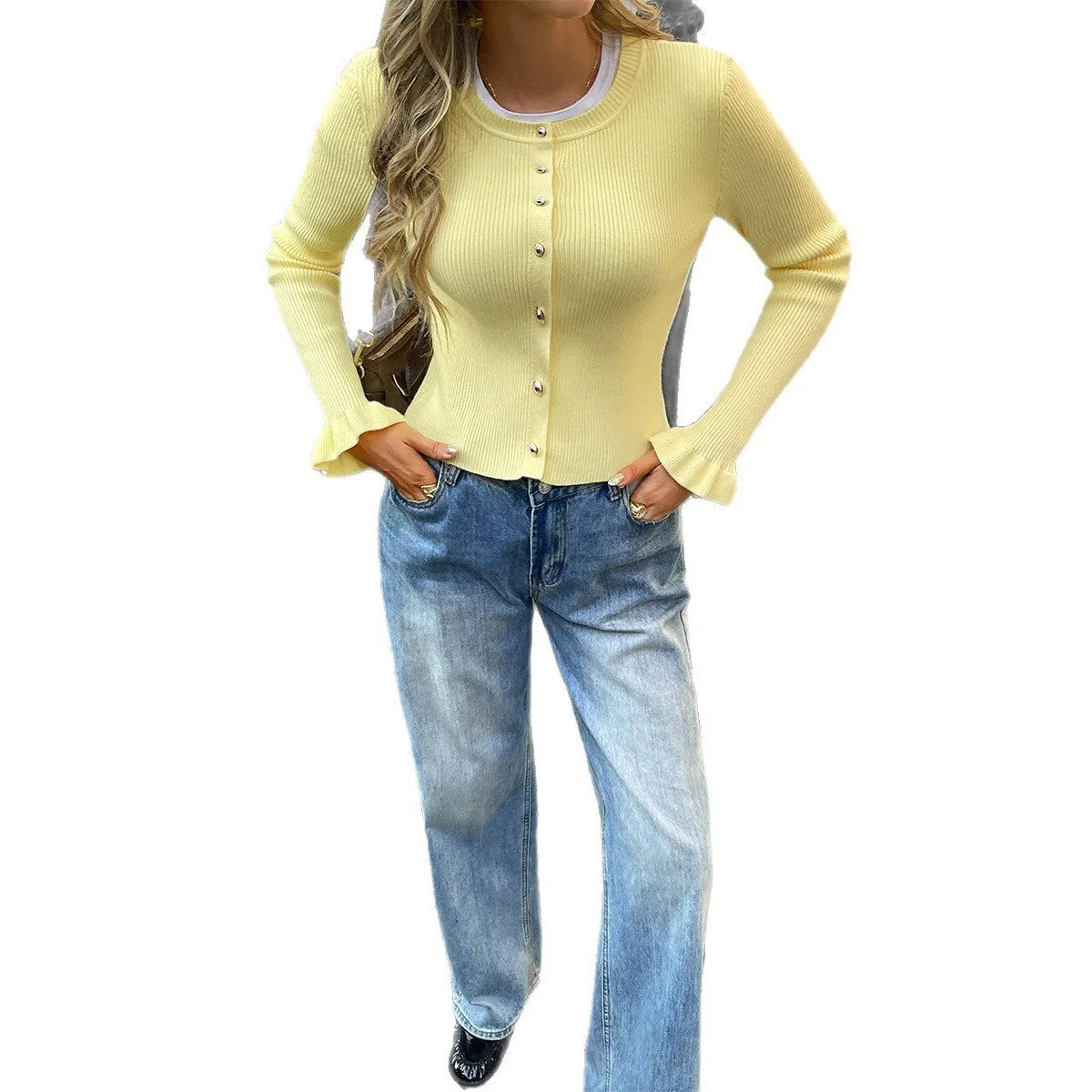 Women's yellow button cardigan T-shirt jacket sweater long sleeve viscose top