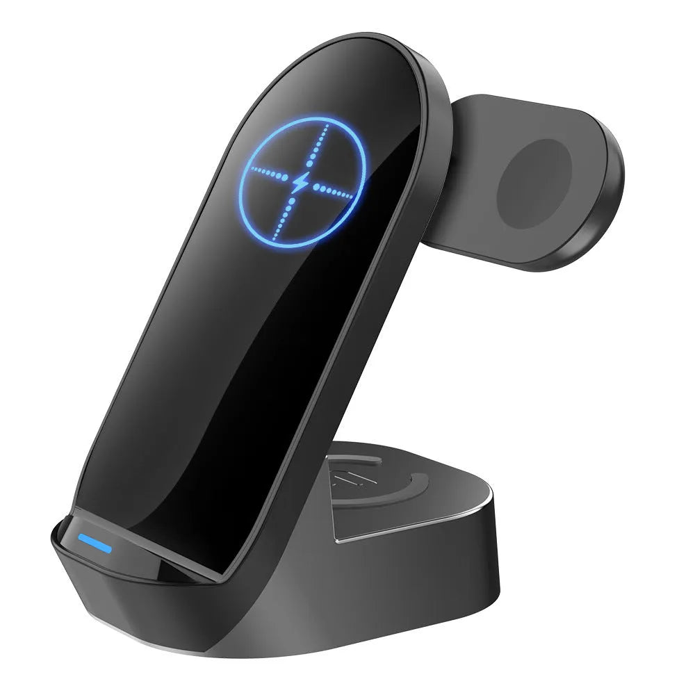 Black grey foldable 3-in-1 wireless charger stand holding a phone, Apple Watch and AirPods case.