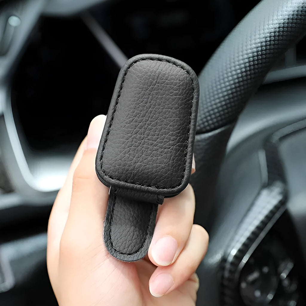 PU leather car sunglasses holder clip attached to vehicle sun visor in beige colour