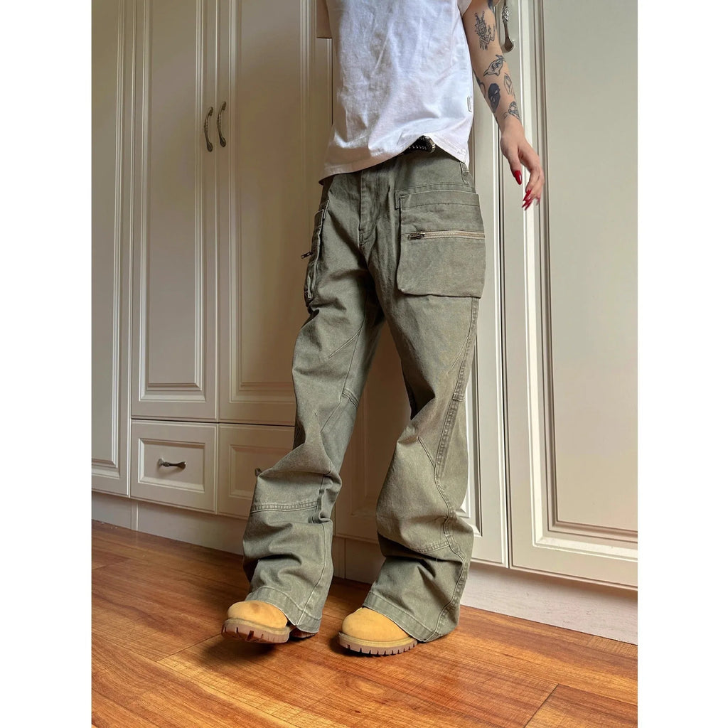Green casual trousers with double zipper workwear design and elastic waistband