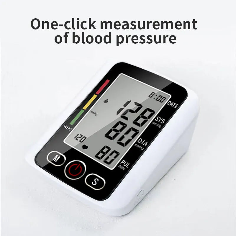 Automatic electronic arm blood pressure monitor with large LCD screen and black cuff.