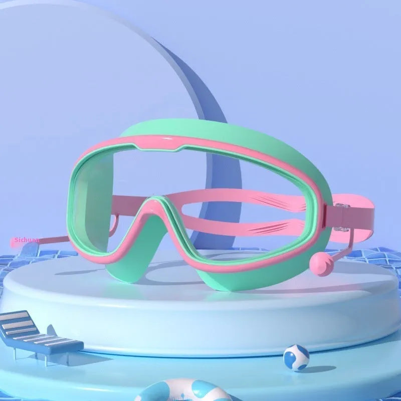 Children's large frame non-fogging waterproof swimming goggles in pink and blue