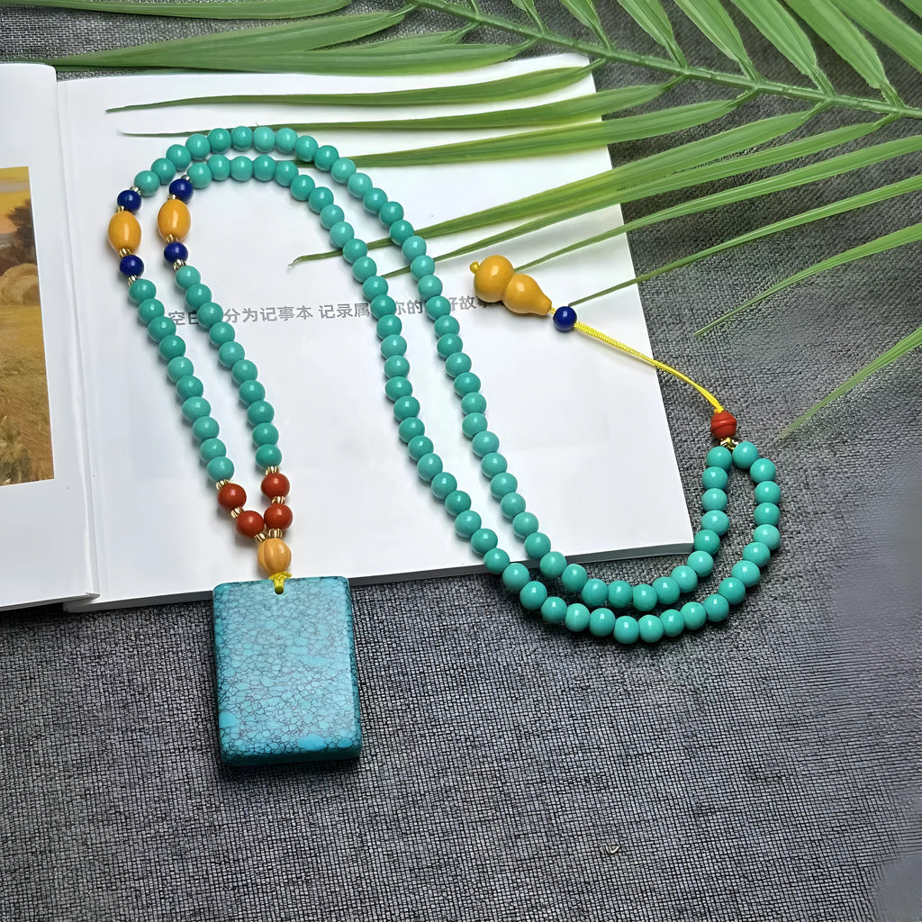 Turquoise lucky pendant necklace with hand-woven stone pendant on ball bead chain, 71-80cm perimeter