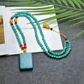 Turquoise lucky pendant necklace with hand-woven stone pendant on ball bead chain, 71-80cm perimeter