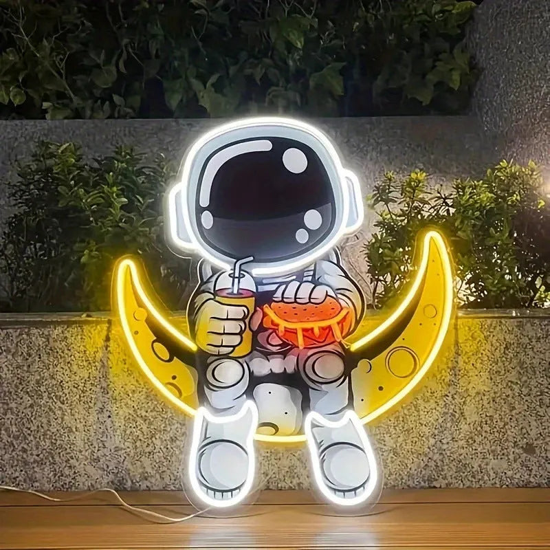 USB-powered wall-mounted astronaut neon light in blue or cold white lemon yellow, dimensions 30cm by 35cm
