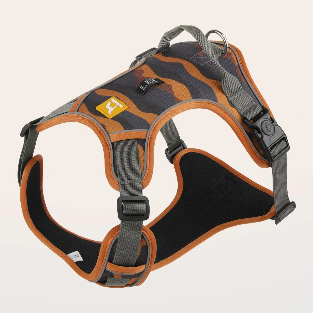 Orange reflective dog walking rope with chest and back harness design on Oxford cloth