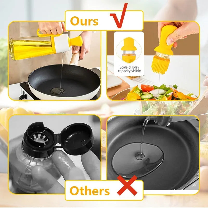 Glass oil dispenser with silicone brush for cooking and BBQ, 550ml capacity with stainless steel nozzle