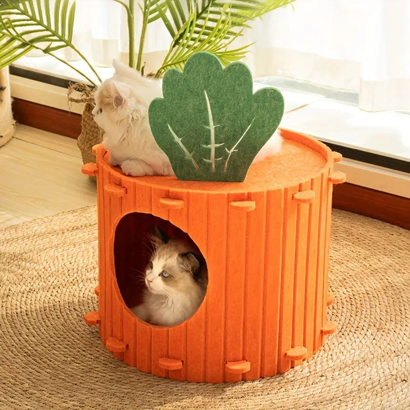 Carrot-shaped felt cat nest tunnel with semi-enclosed drilled design for feline privacy and comfort