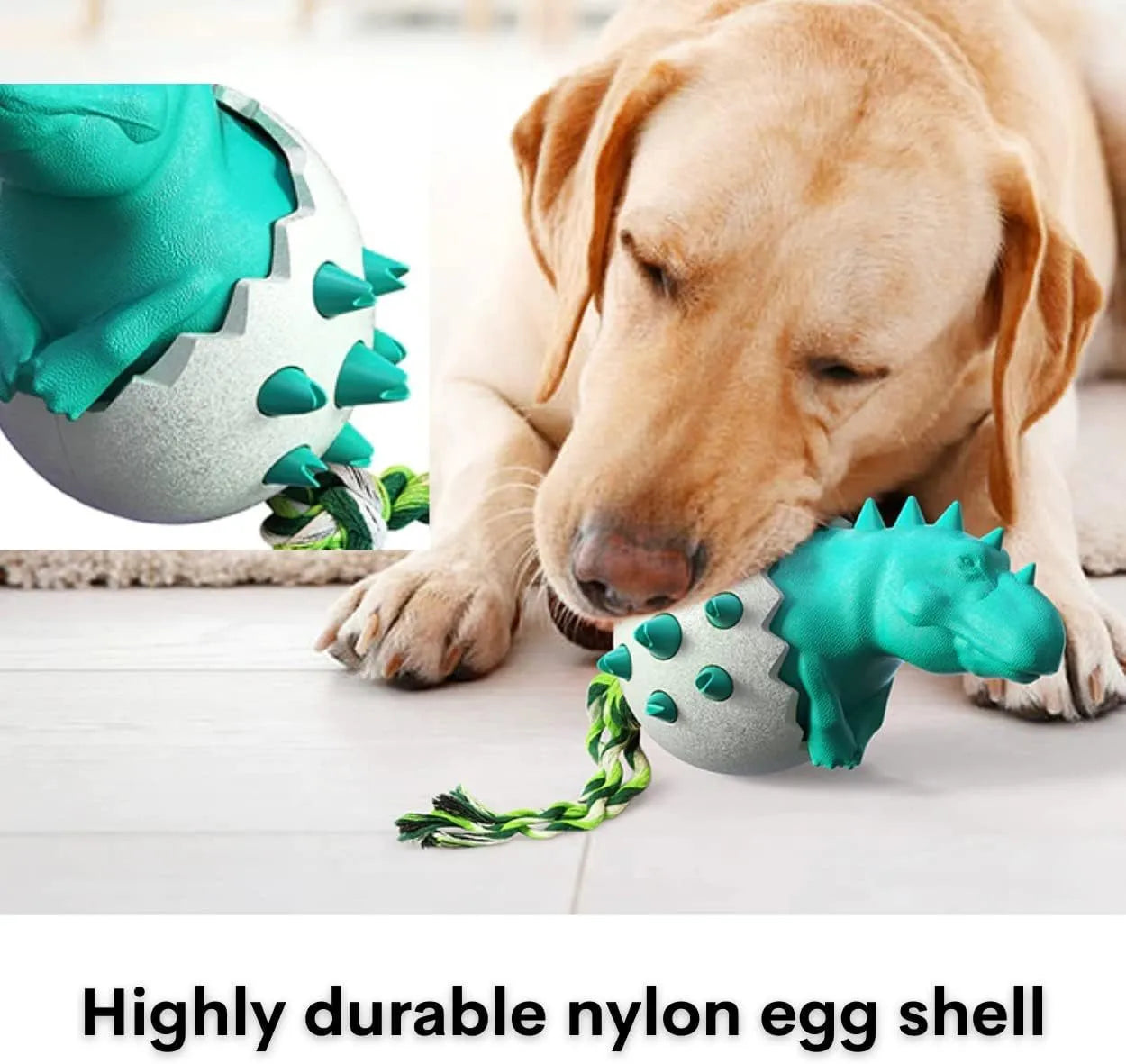 Blue durable rubber dinosaur dog chew toy with integrated rope for aggressive chewers.