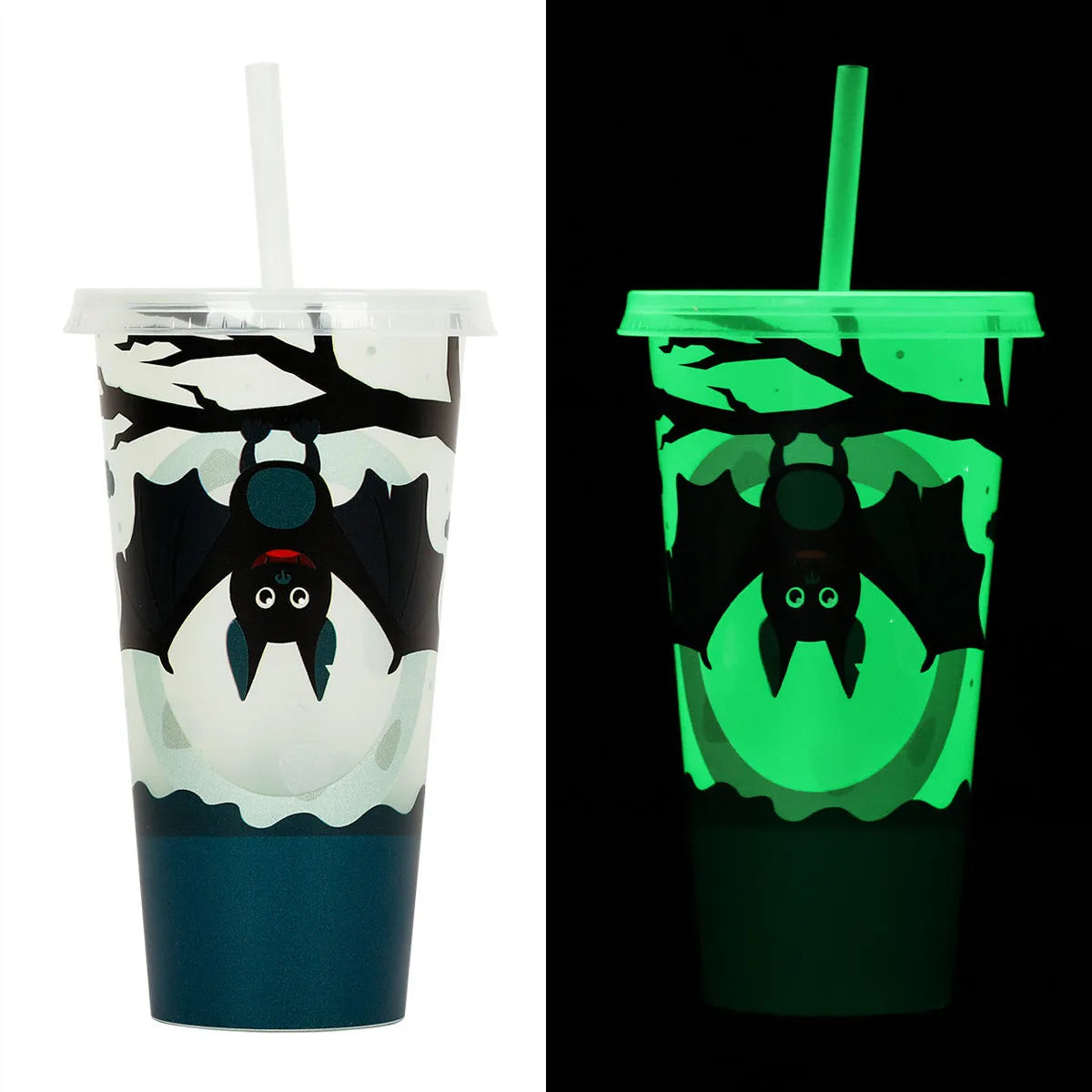 Halloween luminous reusable plastic sippy cup with straw, 720ml capacity, shown in one of six colours.