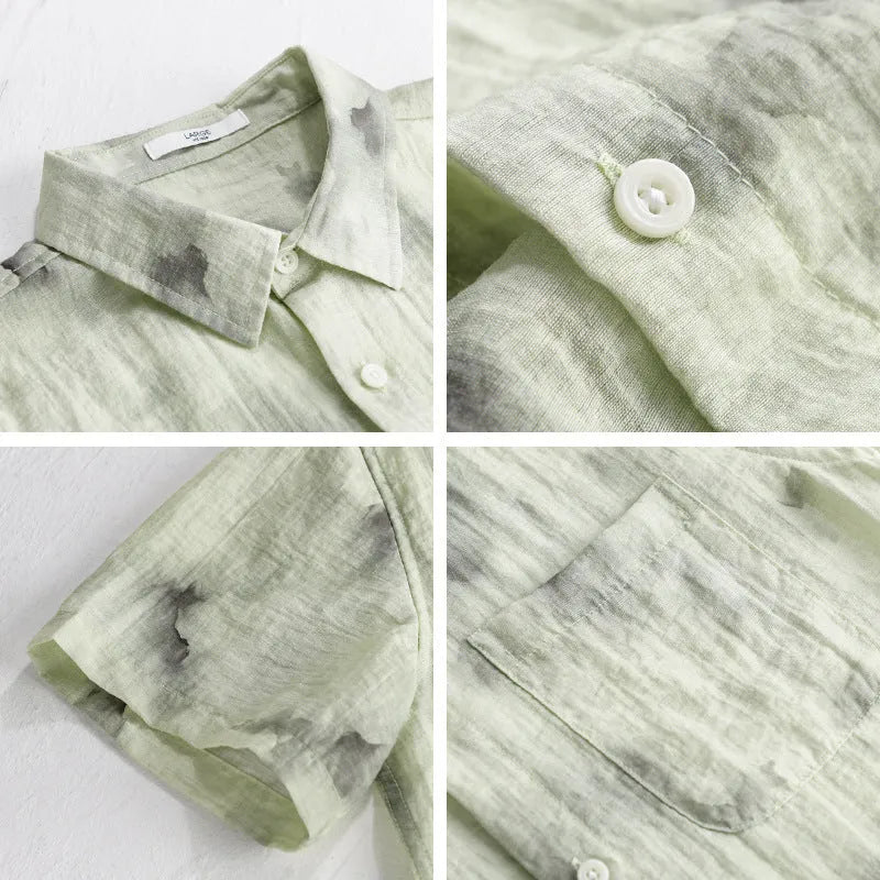 Linen blend printed short sleeve cardigan shirt in light green with floral pattern, loose straight cut summer top
