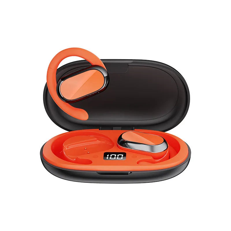 Dual ear-mounted Bluetooth headset with noise reduction and bone conduction, white colour, showing digital display screen and ear hook design