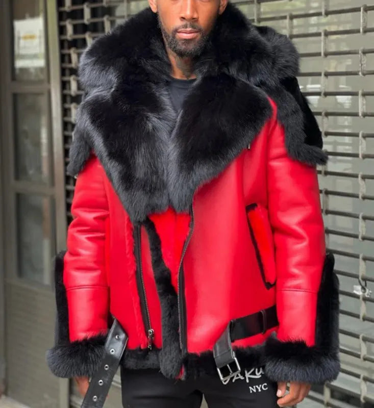 Red men's polyester jacket with thick fur collar, lapel, and zipper front on a plain background