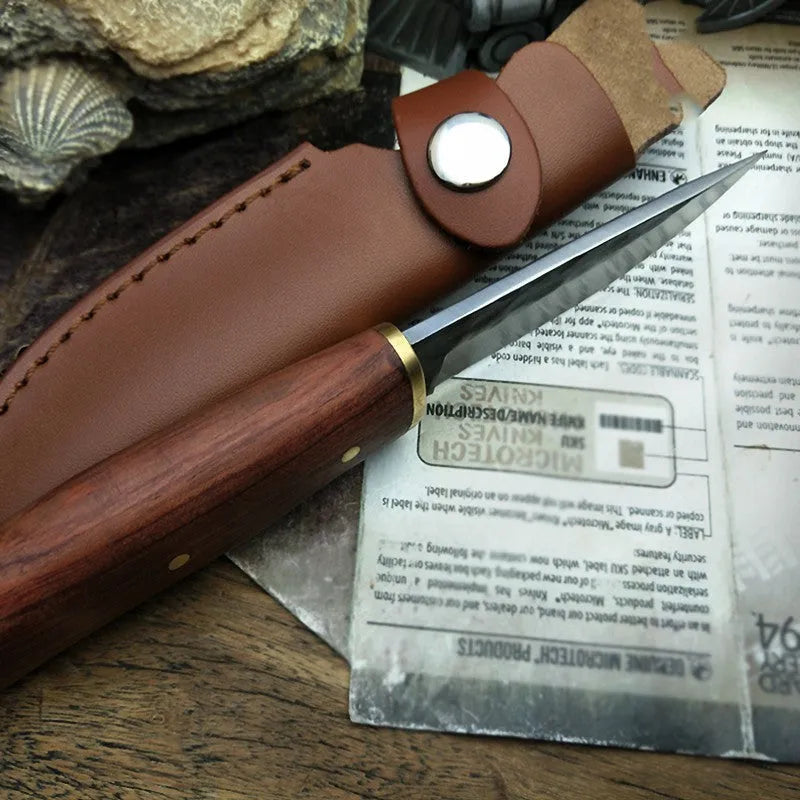 Outdoor survival knife with brown mahogany handle and 8cm stainless steel blade on wooden surface