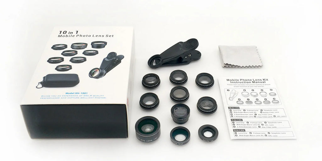 Ten-in-one external camera lens kit with fisheye, wide-angle, and macro lenses on smartphone