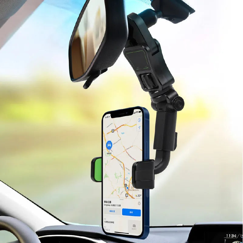 Car mobile phone holder attached to rear view mirror bracket showing black and grey colour option