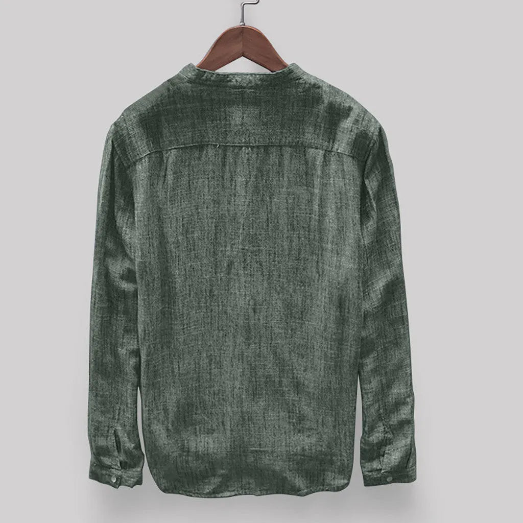 Men's solid colour casual cotton-linen shirt on a hanger, showing colour options of dark blue, grey, yellow, green, and khaki.