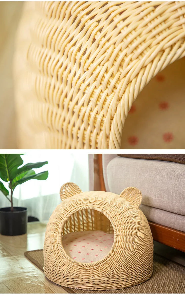 Semi-enclosed hand-knitted imitation rattan cat house with bear ear top in beige