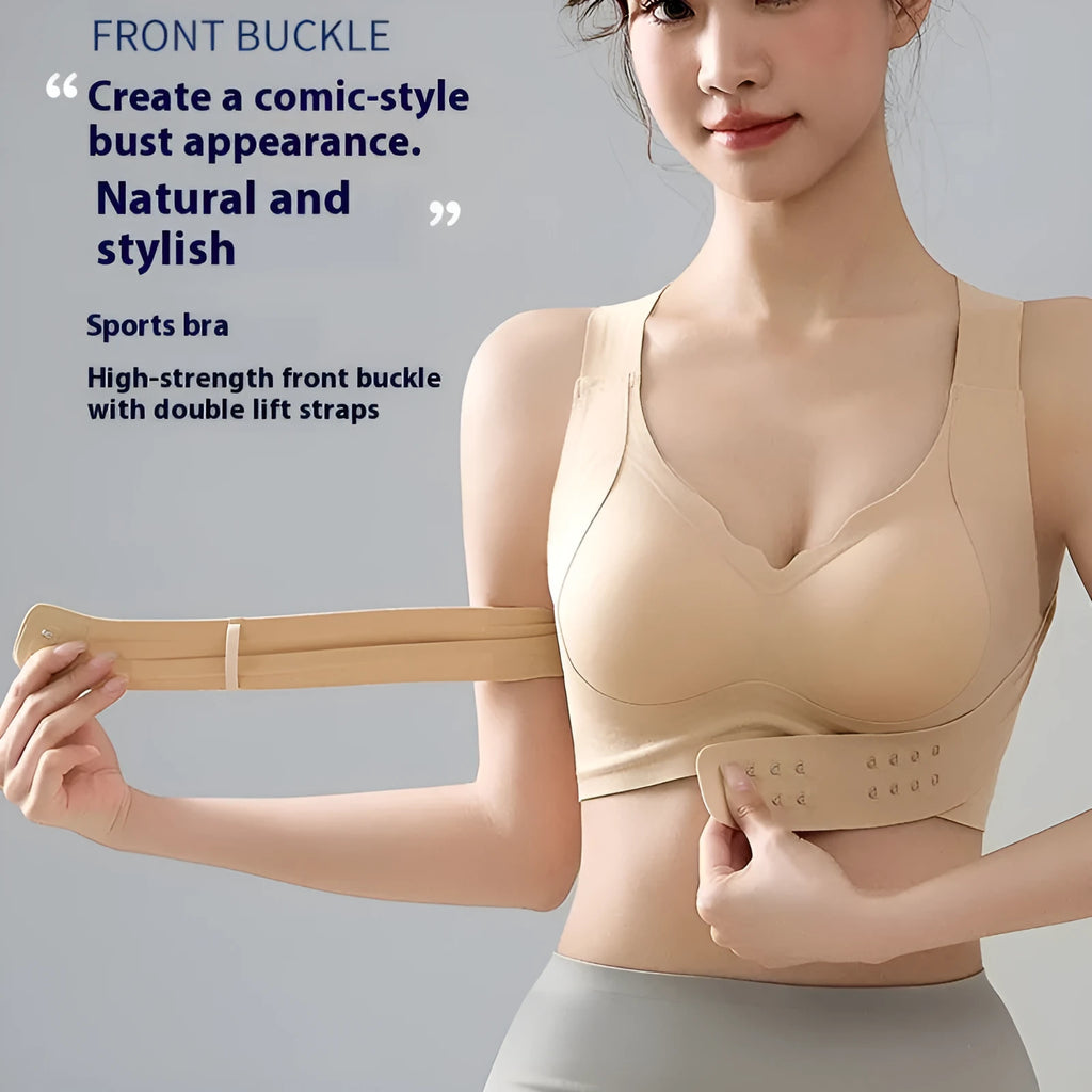 Women's front buckle yoga shaping bra in three colours with fixed double straps and 3/4 cup design