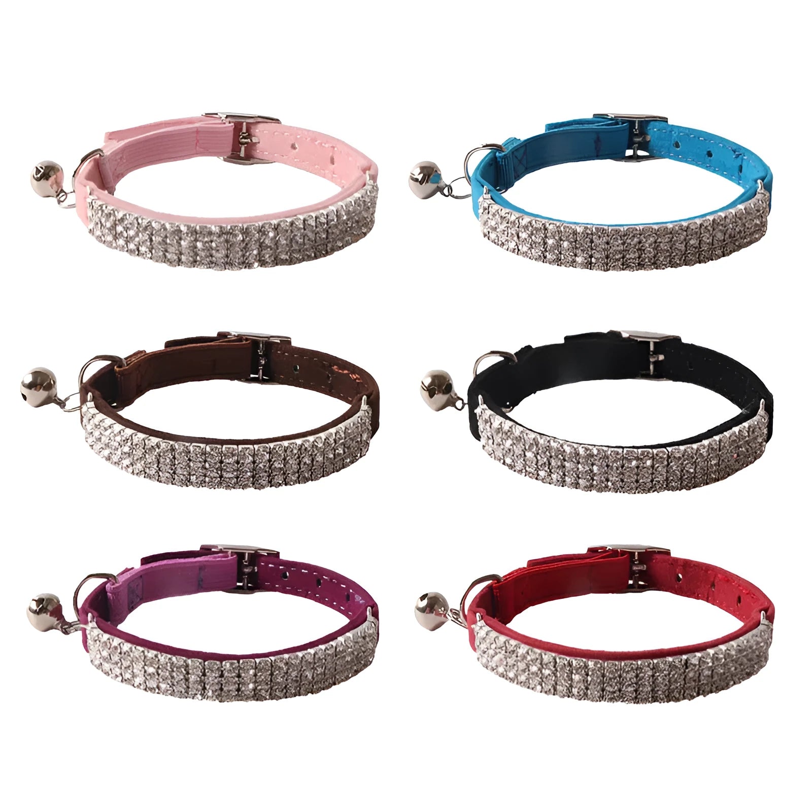 Elastic buckle cat collar with flocking material in gang drill design, shown in multiple colours.