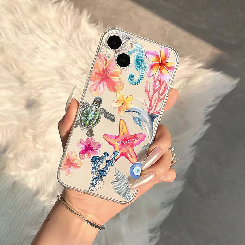 Transparent TPU anti-fall phone case for Apple iPhone with painted turtle and dolphin shell pattern, soft shell design
