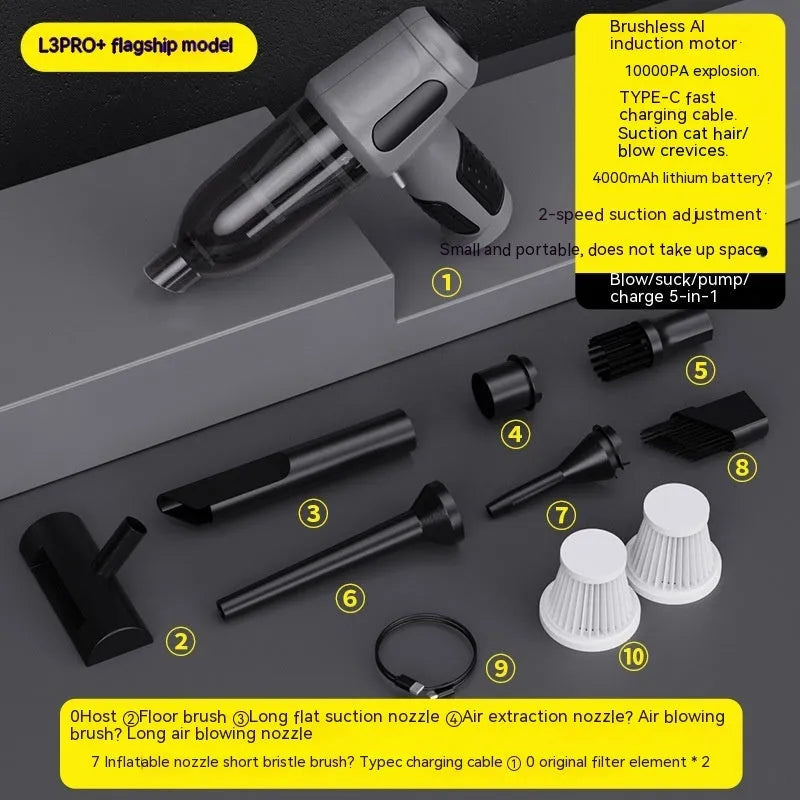 Black cordless handheld car vacuum cleaner with attached brush nozzle and charging cable.