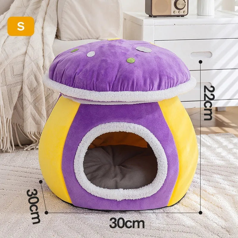 Mushroom-shaped cat nest with plush lining in grey, pink, or purple colours
