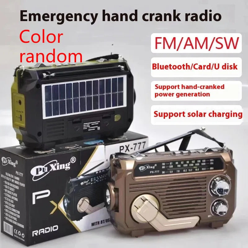 Hand portable radio with solar panel, aluminium alloy body, and Bluetooth speaker. 180x66x113mm size. Random colour.