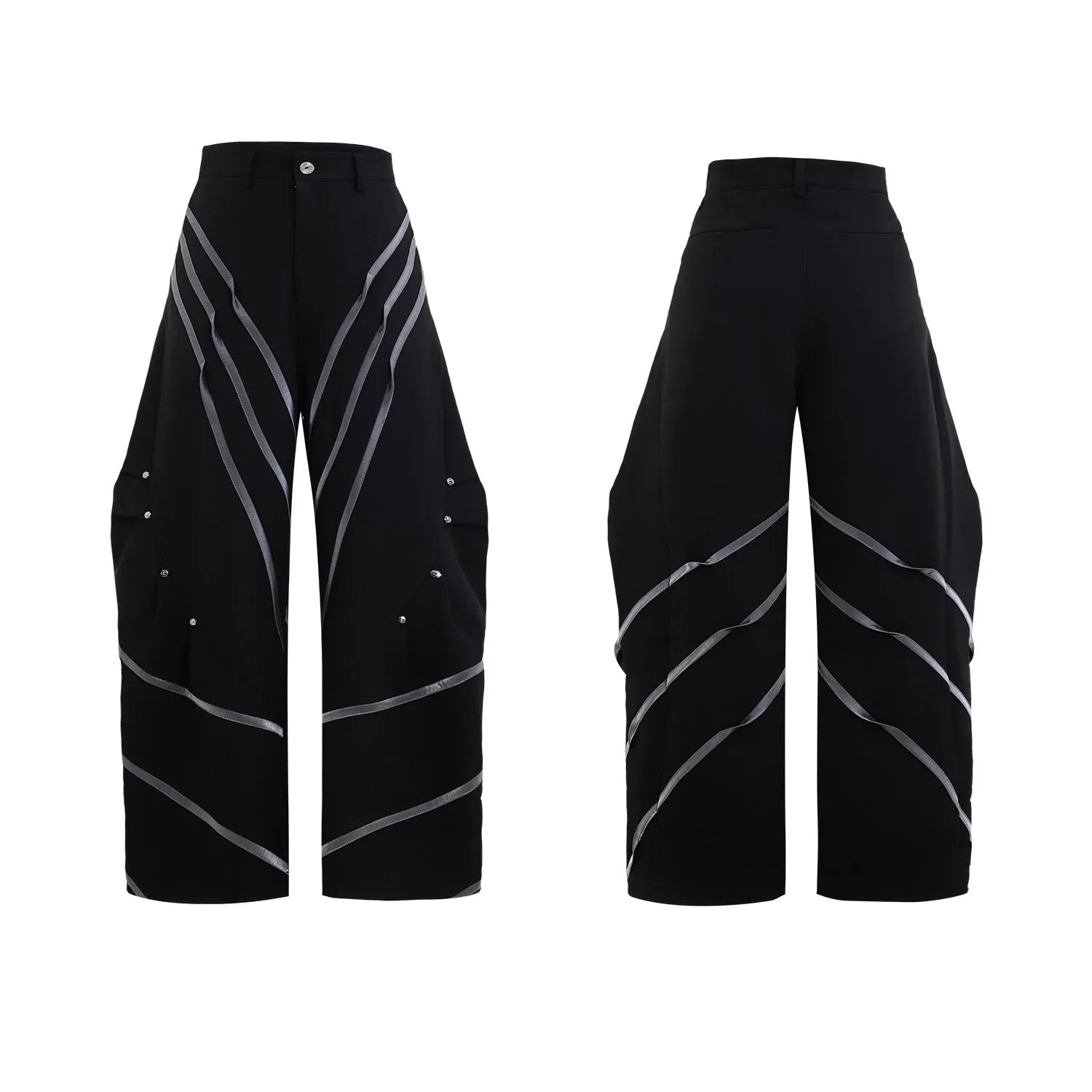 Men's polyester trousers with pleats and metal rivet detailing, shown in black and white colour options.