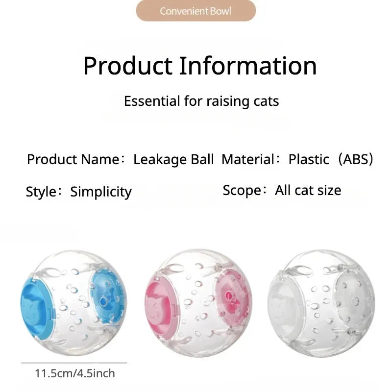 Clear blue ABS plastic slow feeder ball for cats, 11.5cm in diameter, on a wooden floor.