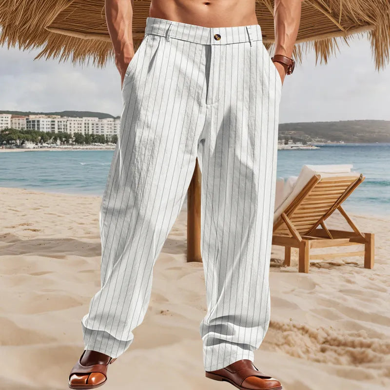 Man wearing striped linen high-waist wide-leg casual trousers
