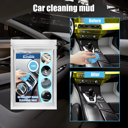 Piece of grey car cleaning putty on a car dashboard near air vents.