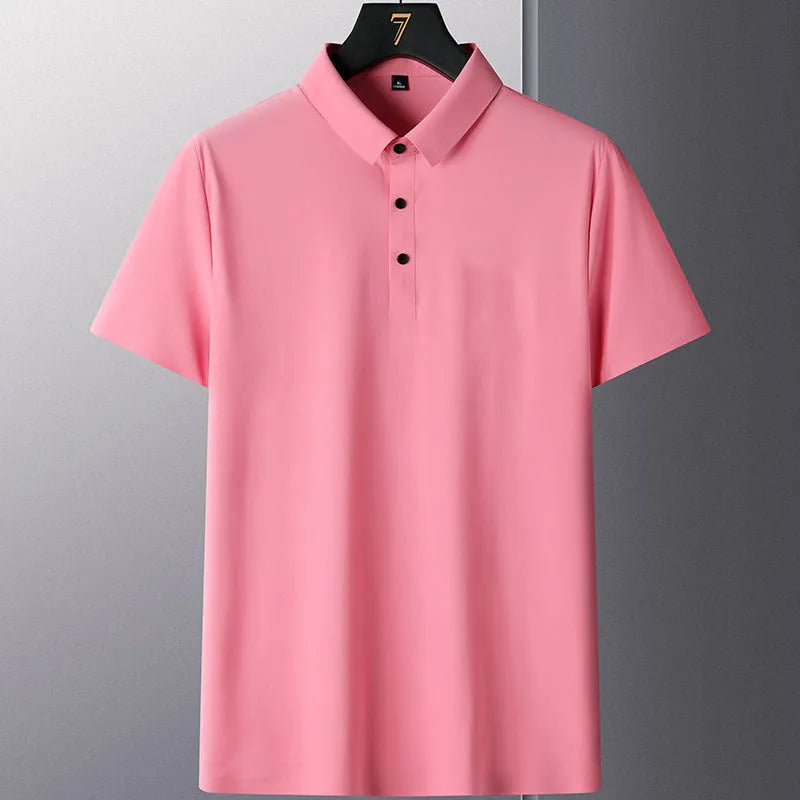 Non-ironing business casual solid colour men's short sleeve nylon shirt in navy blue, front view