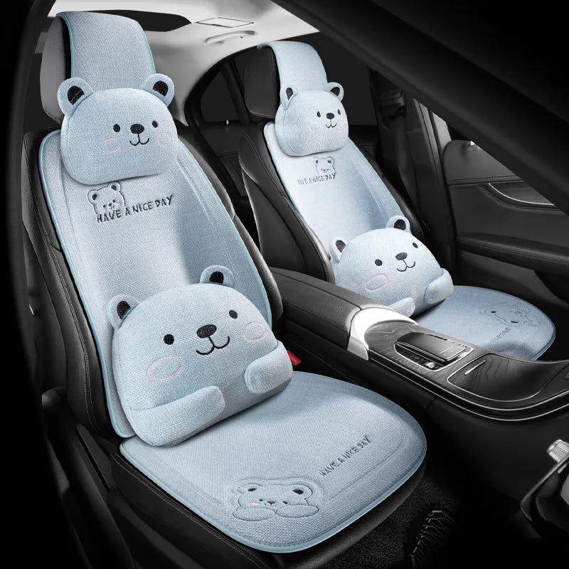 Car seat cushion set with lumbar support pillow and headrest cushion in cure bear linen fabric