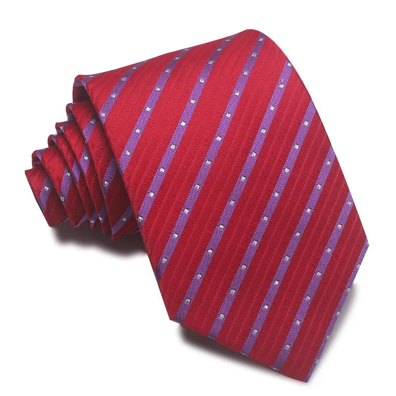 8cm wide polyester jacquard striped men's business tie shown in multiple colour variations