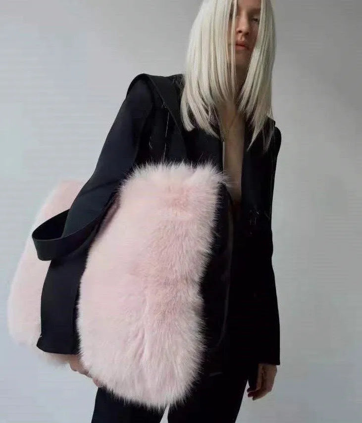 Large women's imitation fur shoulder bag in black, horizontal square shape with double straps and zipper closure