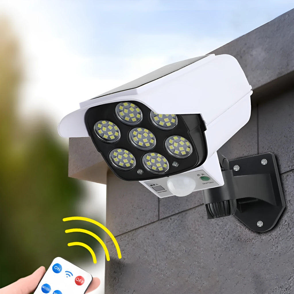 Solar simulation monitor lamp with motion sensor, waterproof, for outdoor wall or courtyard use.
