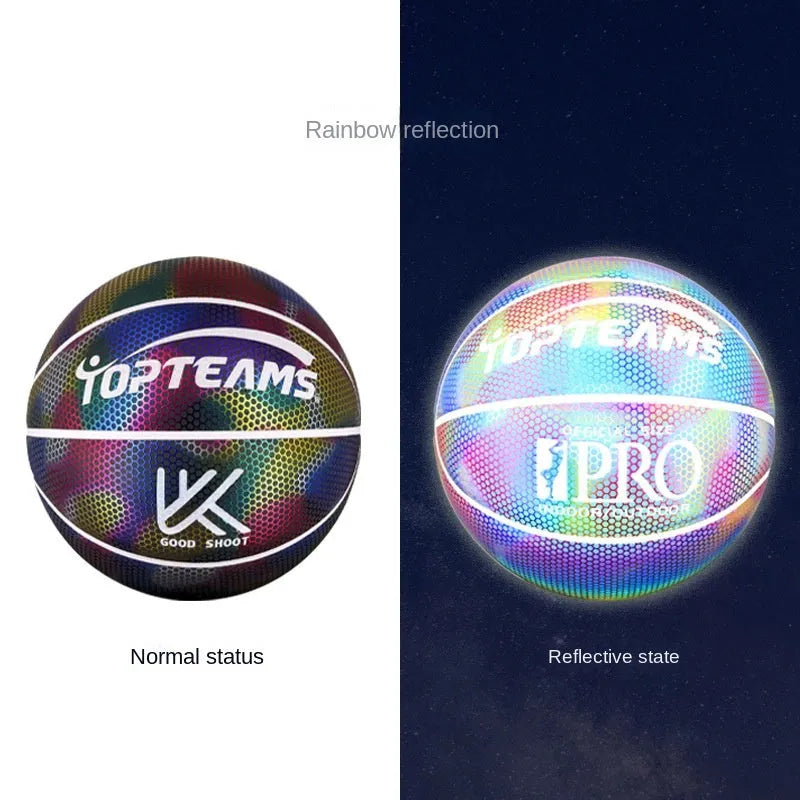 Holographic fluorescent reflective basketball glowing in low light