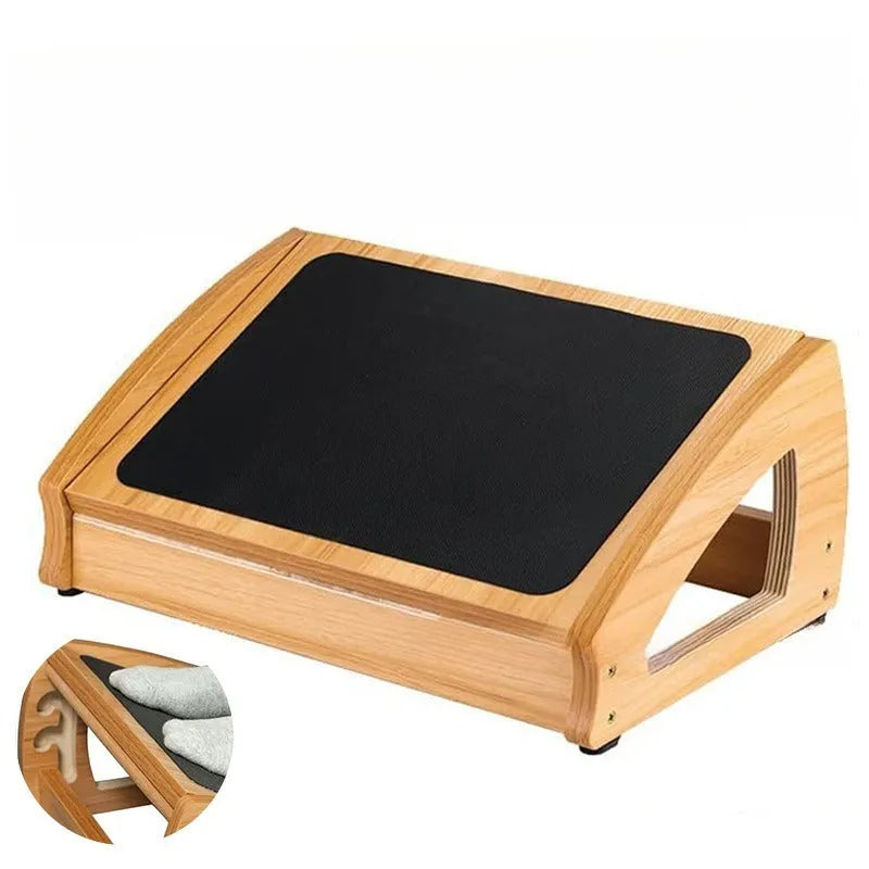 Wooden adjustable bamboo desk footstool in natural wood colour for adult office use