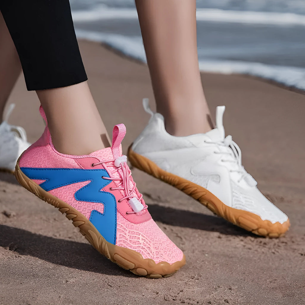 Couple sports climbing shoes in A83 colours with Flyknit lining and rubber soles