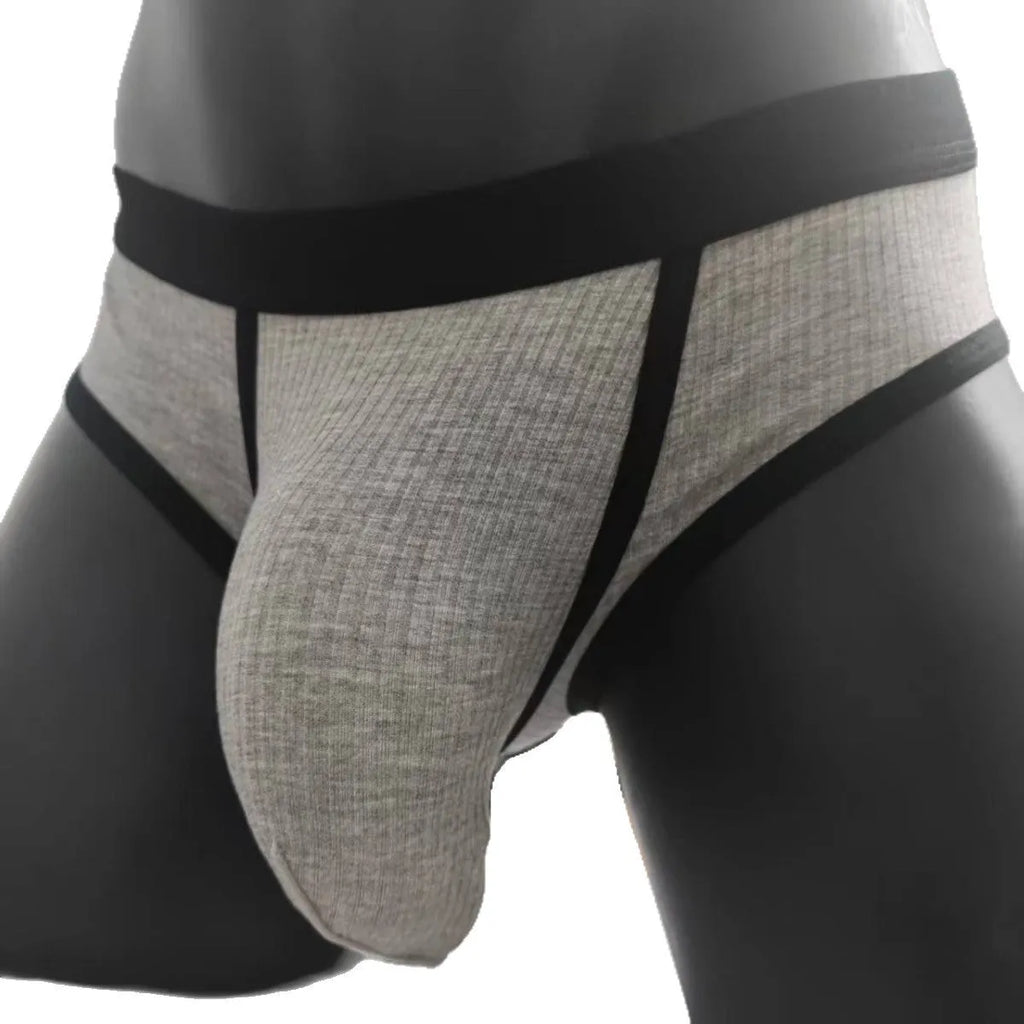 Men's black U-shaped underwear with triangle pouch design showing knitted viscose fabric texture