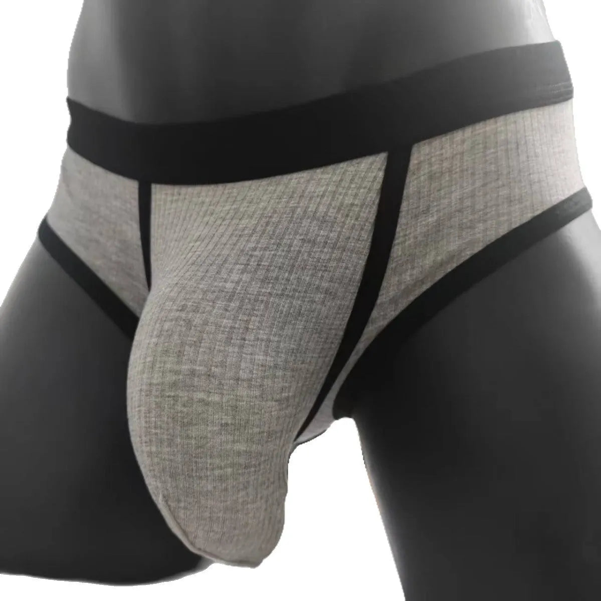 Men's black U-shaped underwear with triangle pouch design showing knitted viscose fabric texture
