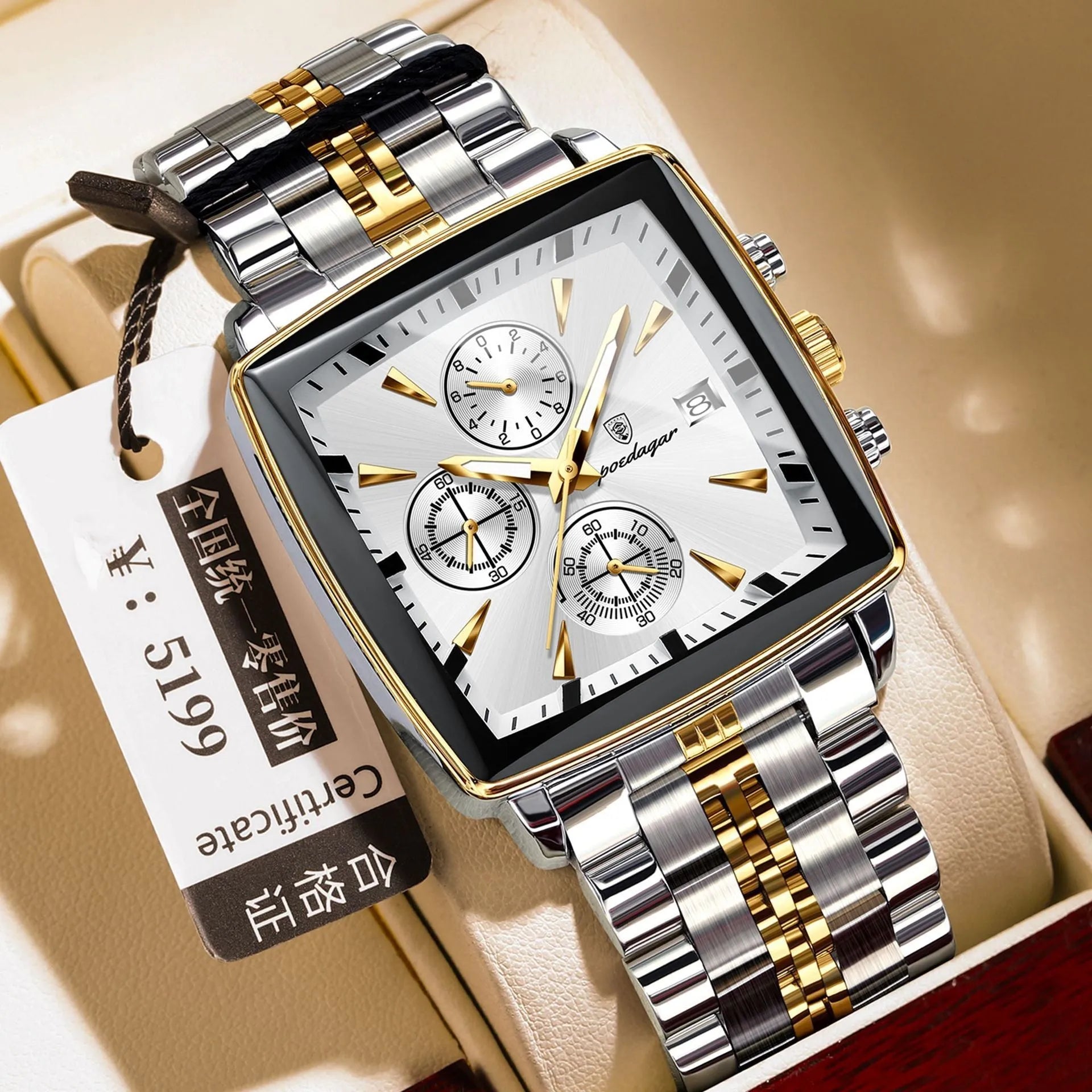 Men's square business quartz watch with stainless steel strap and mineral glass, shown in gold case with blue dial